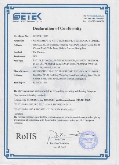 Certificate RoHS-car camera